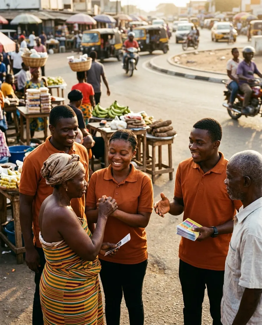 Ruach Filled evangelists sharing the Gospel with market traders near a roundabout in Accra