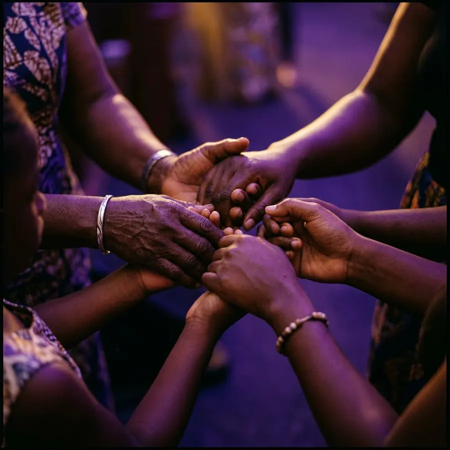 Hands of different generations joined together in a circle of prayer