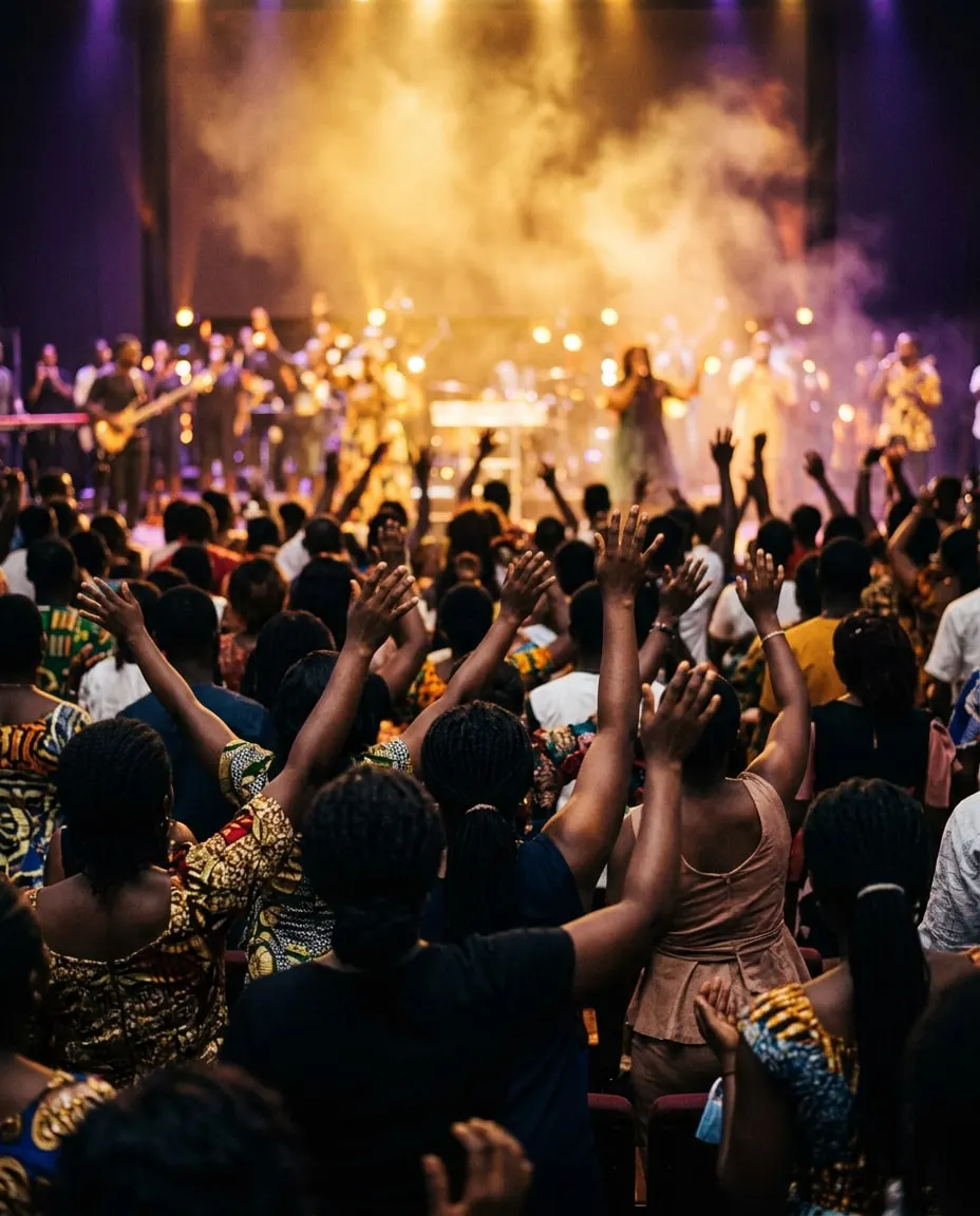 A congregation worshipping with hands raised toward golden stage light